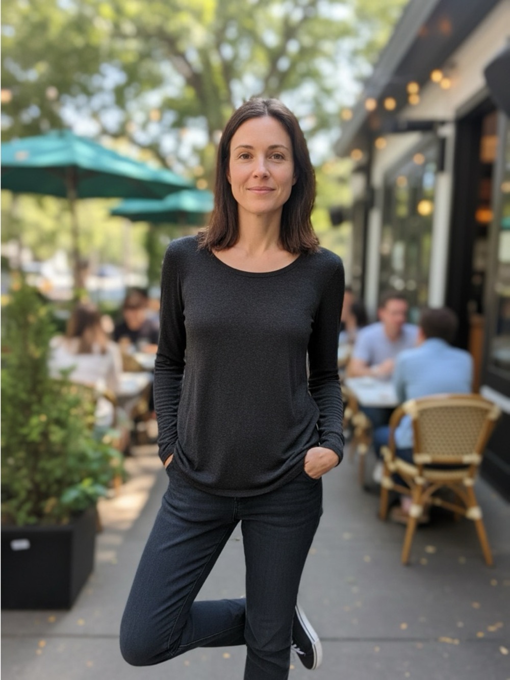 Eileen Fisher Charcoal Heather Long-Sleeve Scoop Neck Top  - Size Small